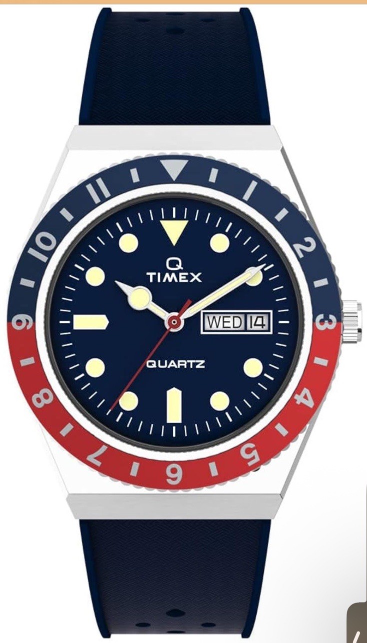 Timex Men’s Watch Q Quartz Rotating Bezel Blue Dial Strap Day-Date TW2V32100