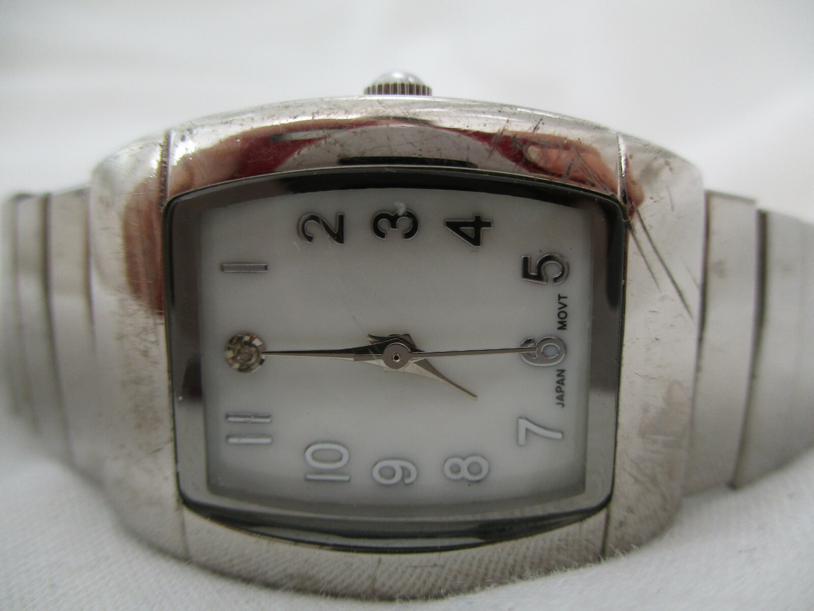 Watch Silver Toned Stretchy Band White Rectangular Face Glamorous WORKING!
