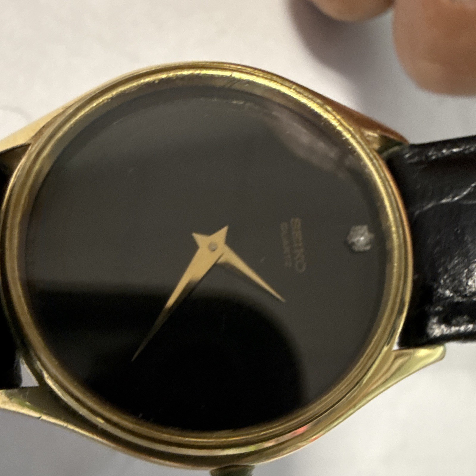 Seiko Quartz Vintage Dress Watch Black Dial Gold Case Black Leather Strap 26mm