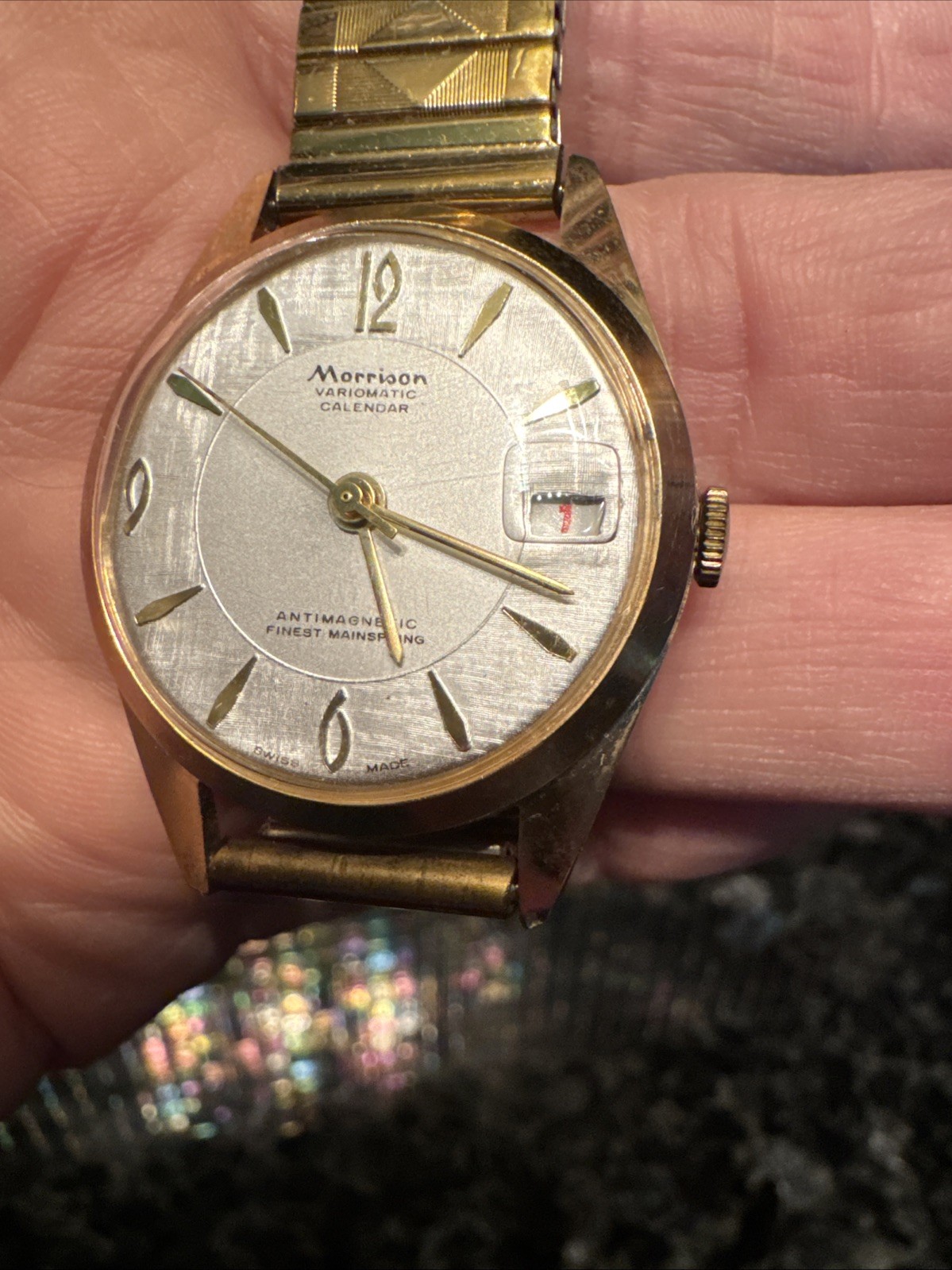 Vtg Morrison Variomatic Calendar G/T Manual Wind Up Swiss Made Watch Satin White