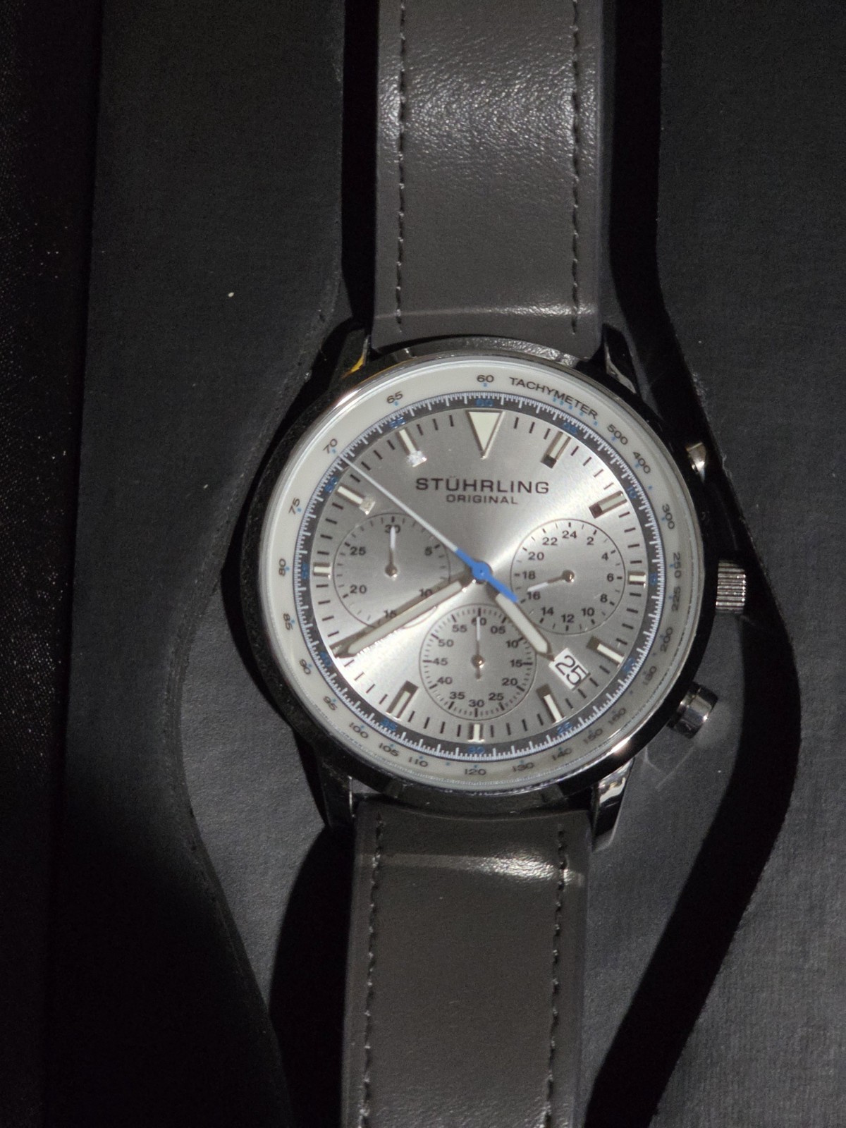 Stührling Monaco Silver Quartz Chronograph Watch 44mm With Leather Strap
