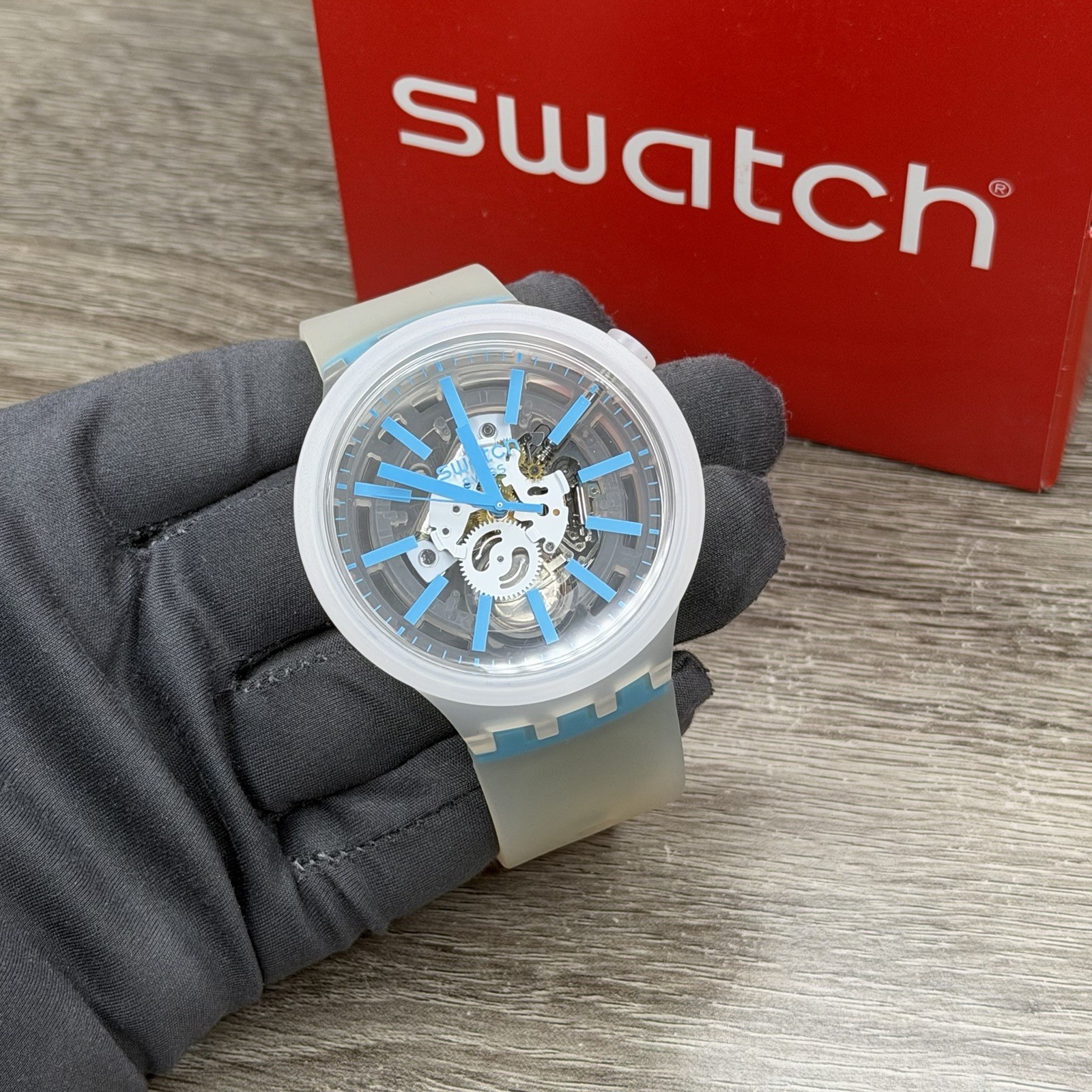 NEW✅SKELETON✅ Swatch Big Bold BLUEINJELLY Transparent Men’s Watch SO27E105