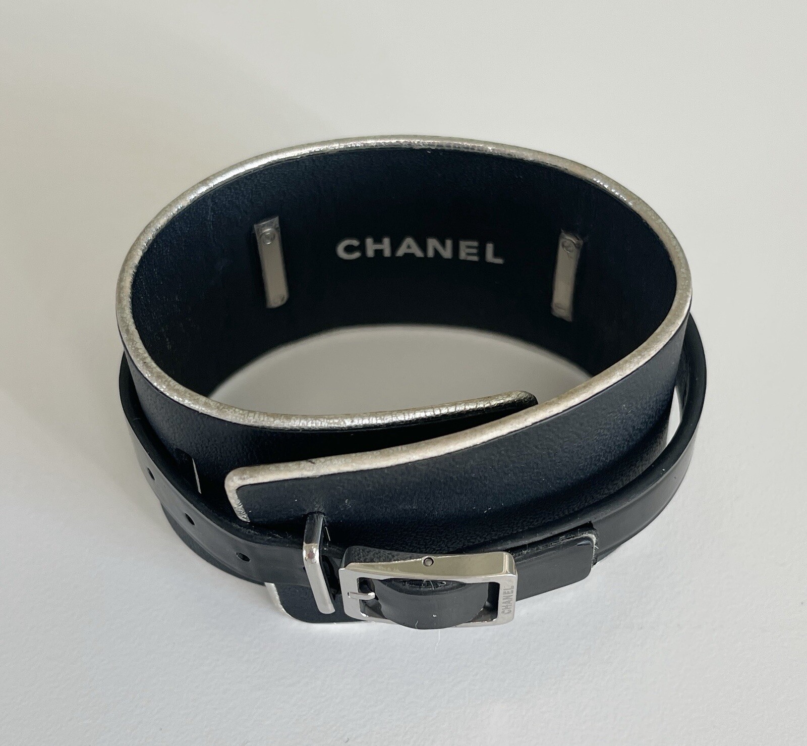 Chanel J12 Ceramic Quartz Watch With Diamond Bezel & Black Leather Cuff