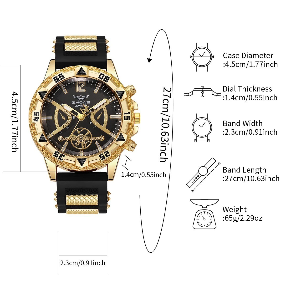 4Pcs Men Business Quartz Watch Arabic Dial Silicone Strap Wristwatch Necklace Se