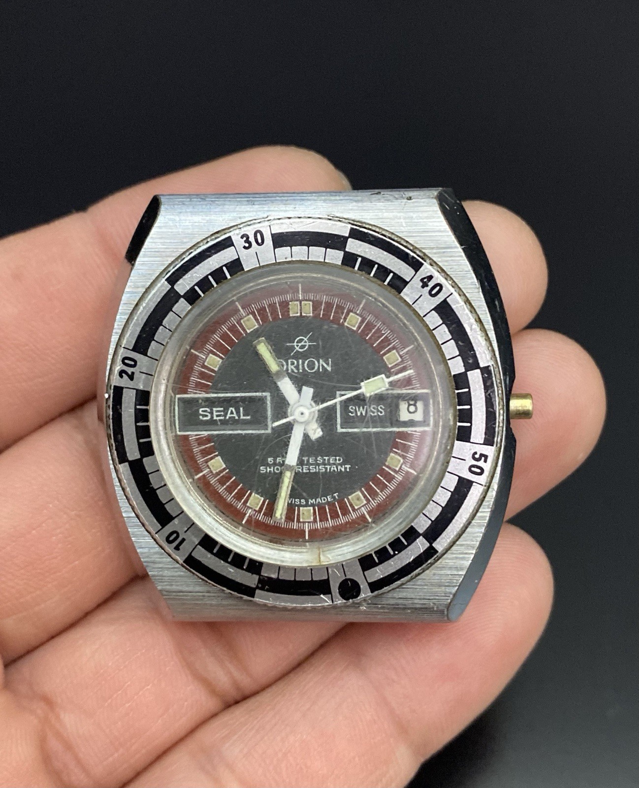 Orion Seal Vintage Black/Red Dial 40mm Stainless Steel Swiss Made Watch – REPAIR