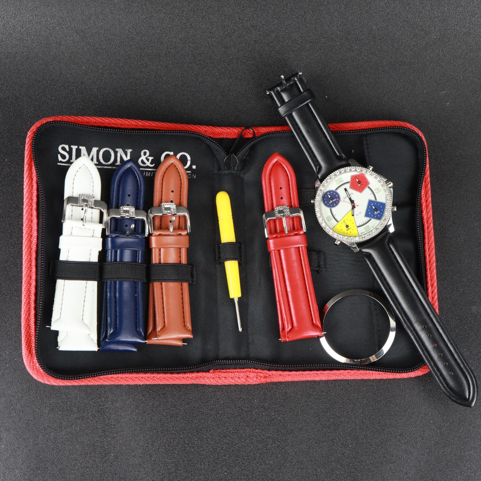 Simon & Co 5 Time Zone Watch Gift Set 55mm New Unused 5 Straps Bezels Tool bling