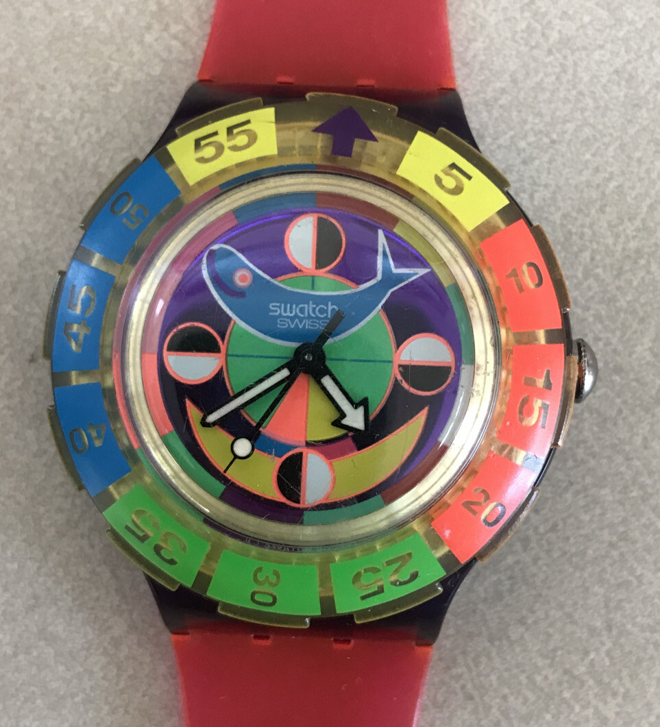 Vintage 90s Swatch Blue Whale Neon Rainbow Multicolor Swiss Wristwatch Watch