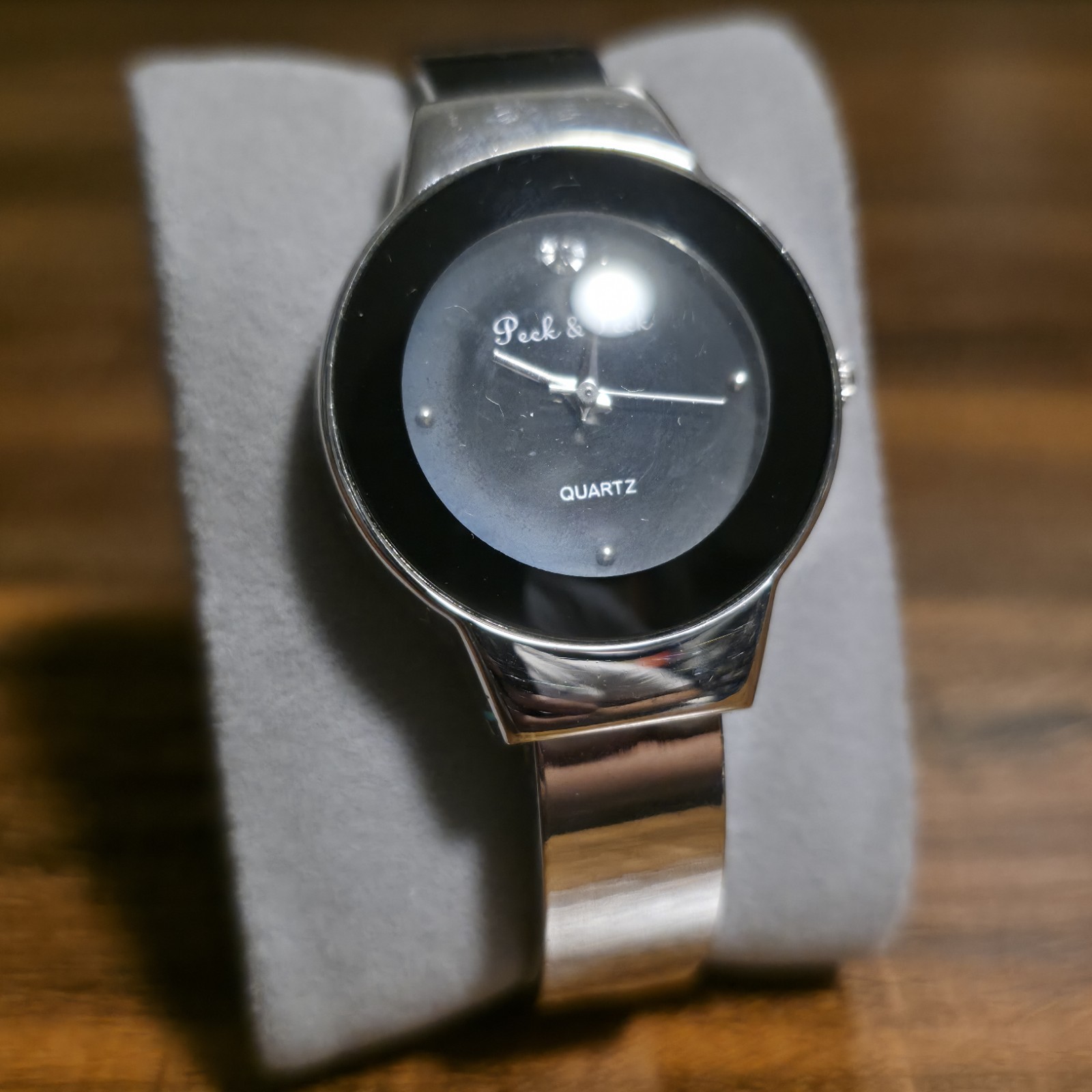 Peck & Peck Watch Womens Silver Tone Stainless Steel Quartz Black Dial Cuff