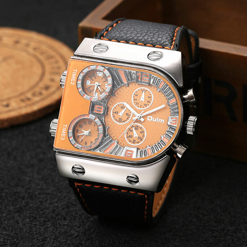 Oulm Mens Quartz Casual Leather Strap Watch Three Time Zone Quartz Wristwatch
