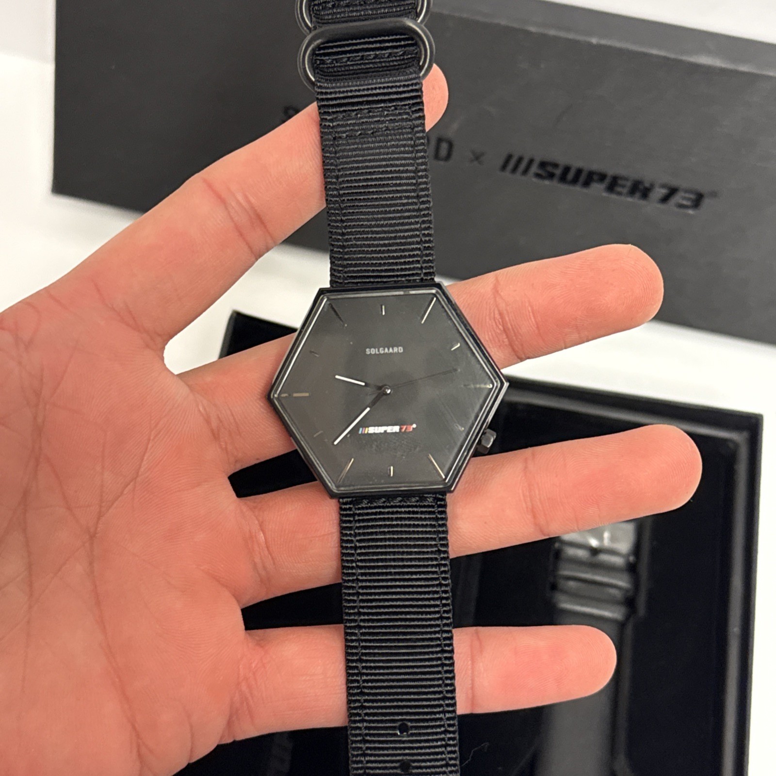 SOLGAARD x SUPER 73 Hex Watch #71 Black Dial Nylon Band New Battery
