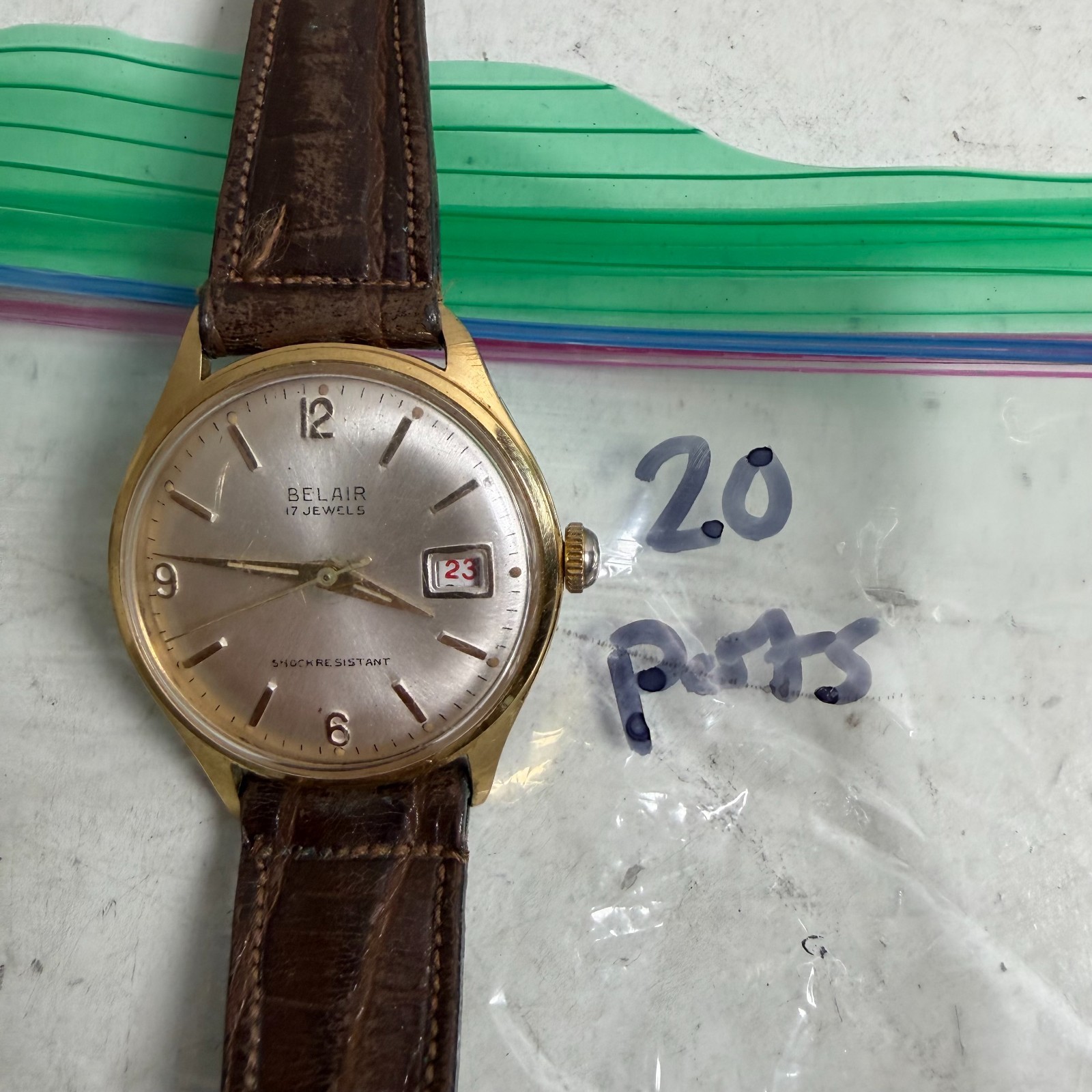 Vintage Belair Gold 17-jewel Date Display Shock Resistant Wristwatch – For Parts