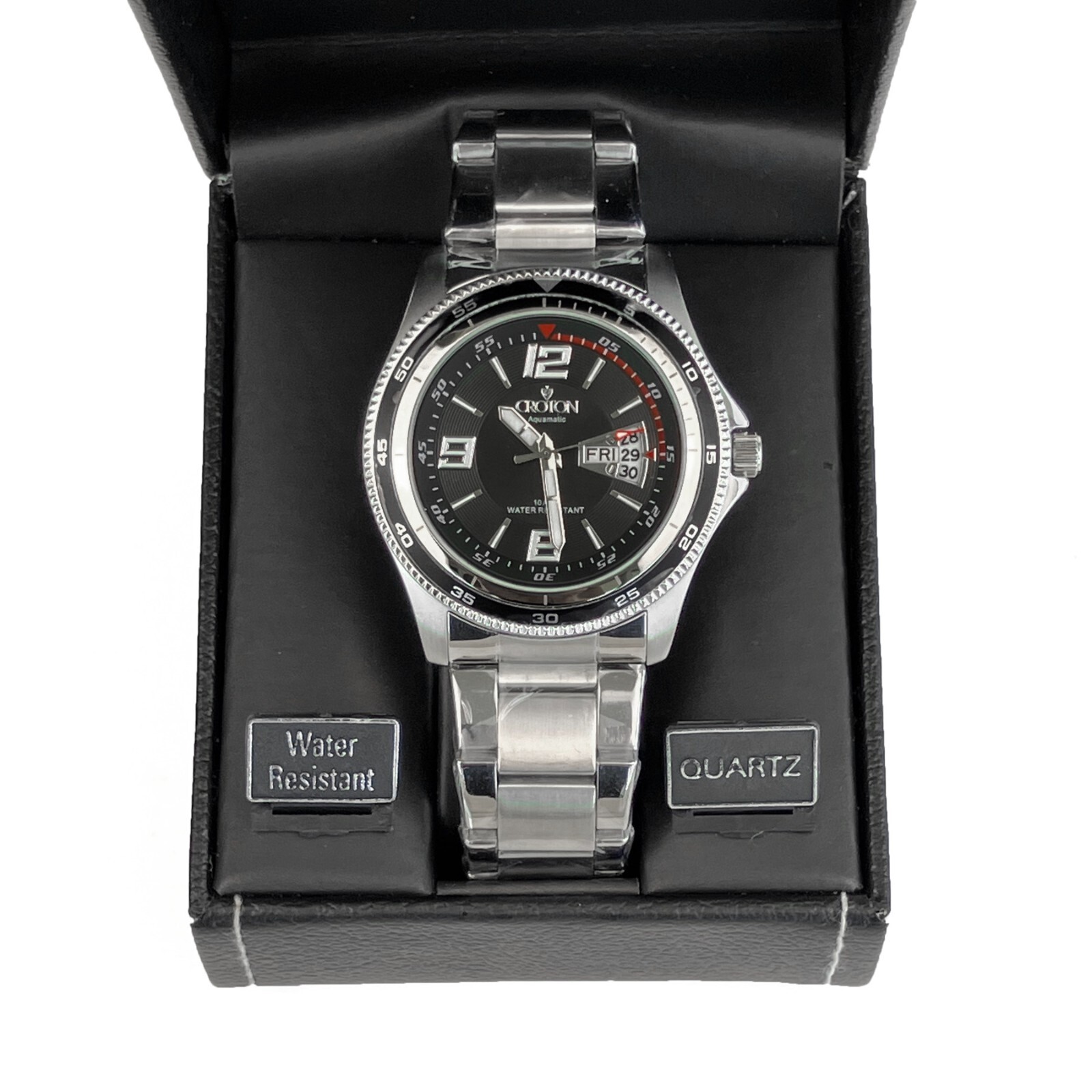 Croton Aquamatic Quartz Watch CN307384 44mm SS Black Dial Never Worn Needs Batt