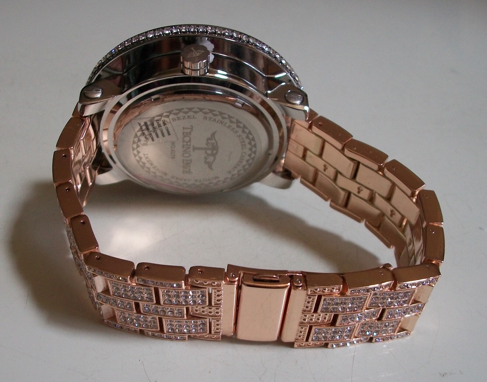Men Rose Gold, Silver Finish Black, Clear Stone Fashion Dressy Hip Hop Watch