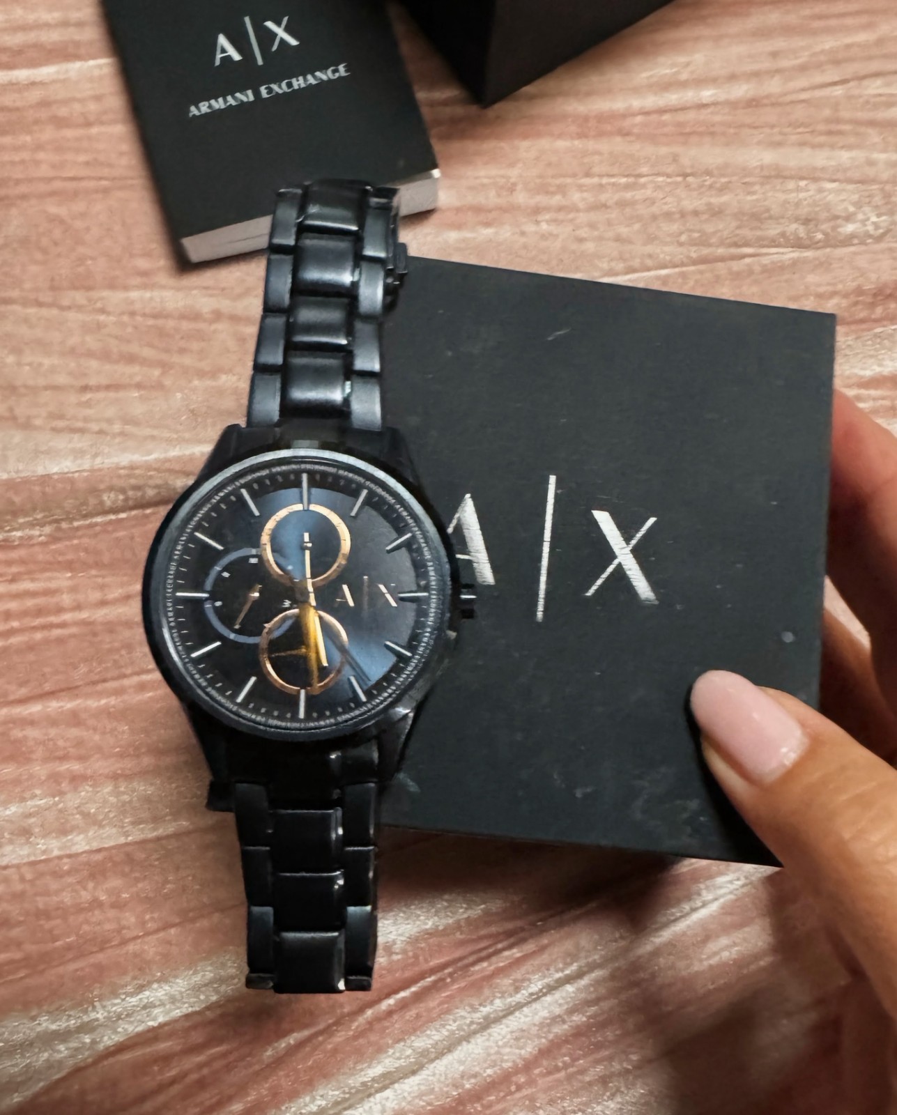 Armani Exchange blue and rose gold metal watch for men