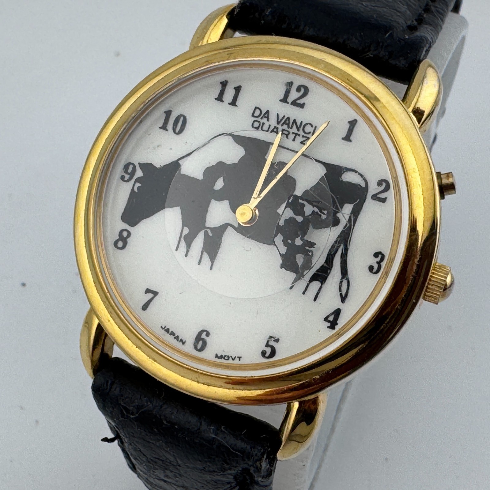 VTG Da Vinci Quartz Watch Unisex Gold Tone Leather Play Cow Sound New Battery