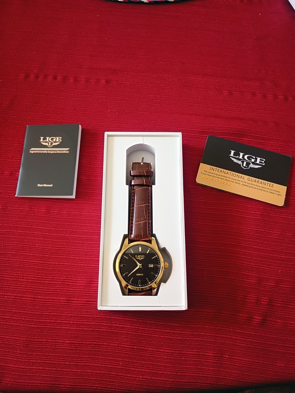 LIGE Men’s Analog Quartz Watch Gold Case Black Dial Date Brown Leather