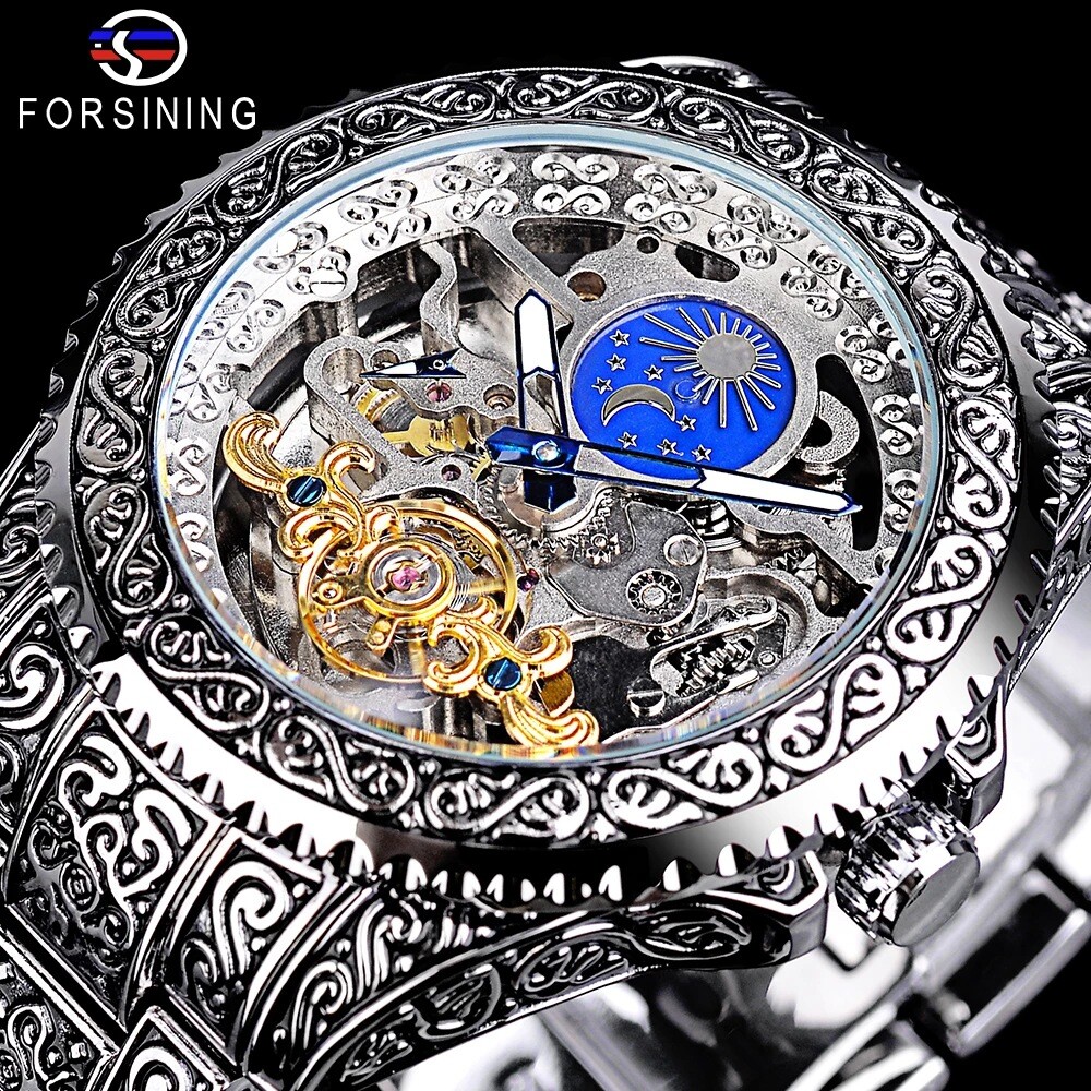 FORSINING Retro Carved Tourbillon Moon Phase Skeleton Automatic Mechanical Watch
