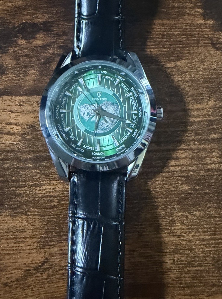 TEVISE Earth 795 Automatic 21 Jewels Green World Map Dial 43mm Leather Strap