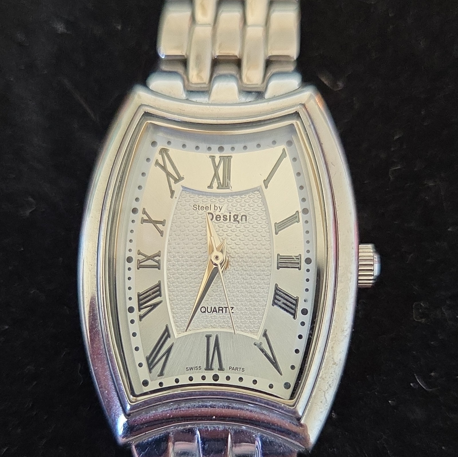 Steel by Design Quartz Wristwatch Tonneau Roman Textured Silver Dial Bracelet