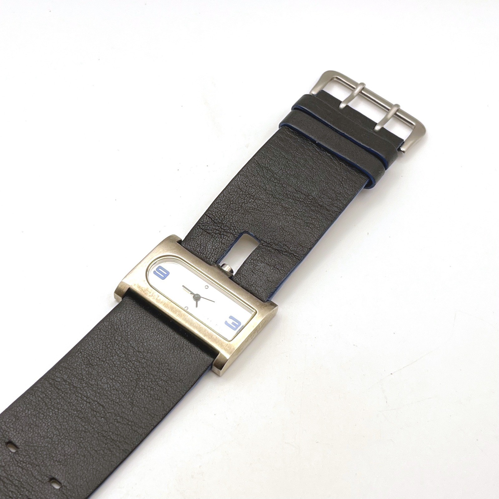 TOKYObay Rectangular Watch Black Leather Wide Strap Blue Accents Brushed Silver