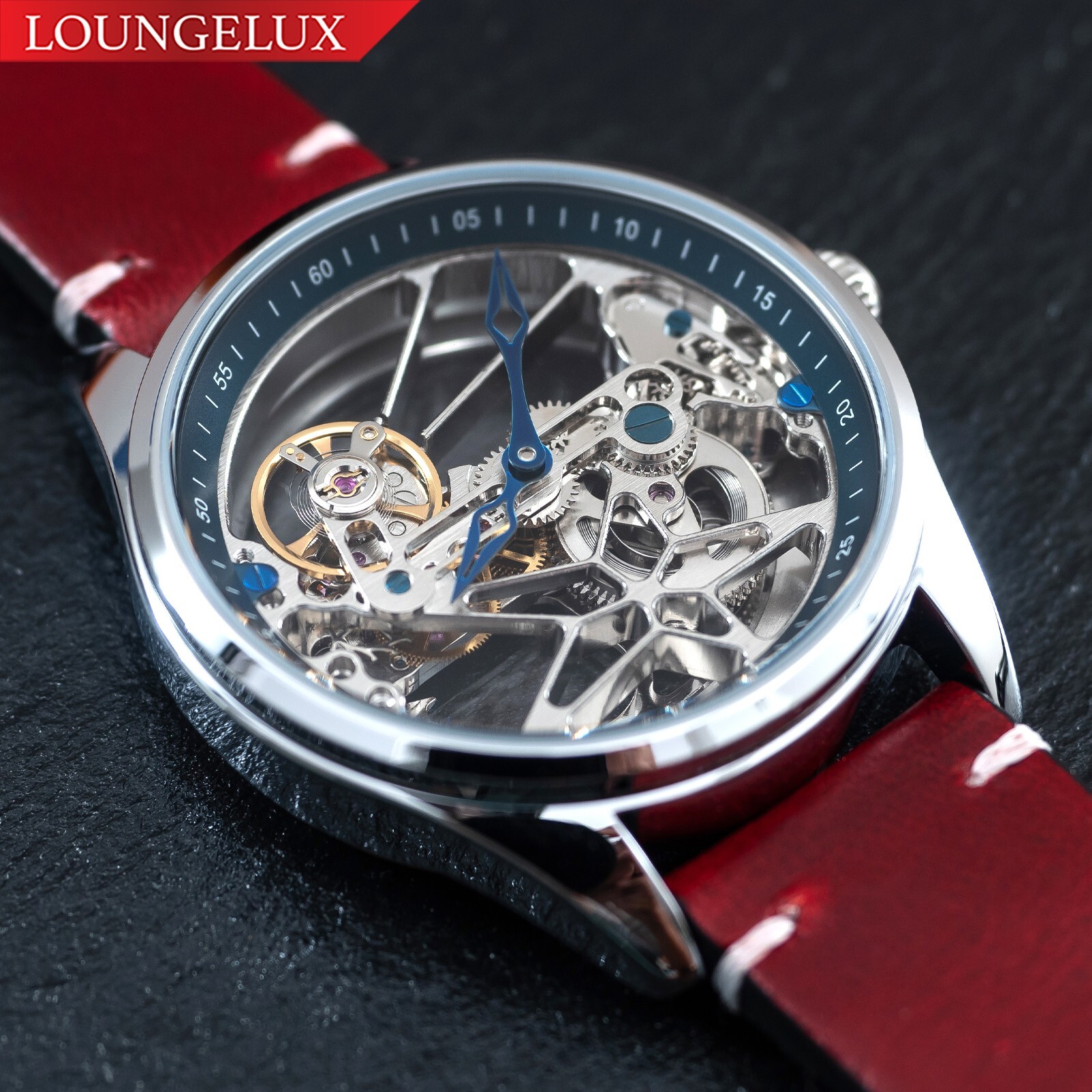 Mens Automatic Mechanical Watch Silver Red Oil Waxed Vintage Style Leather