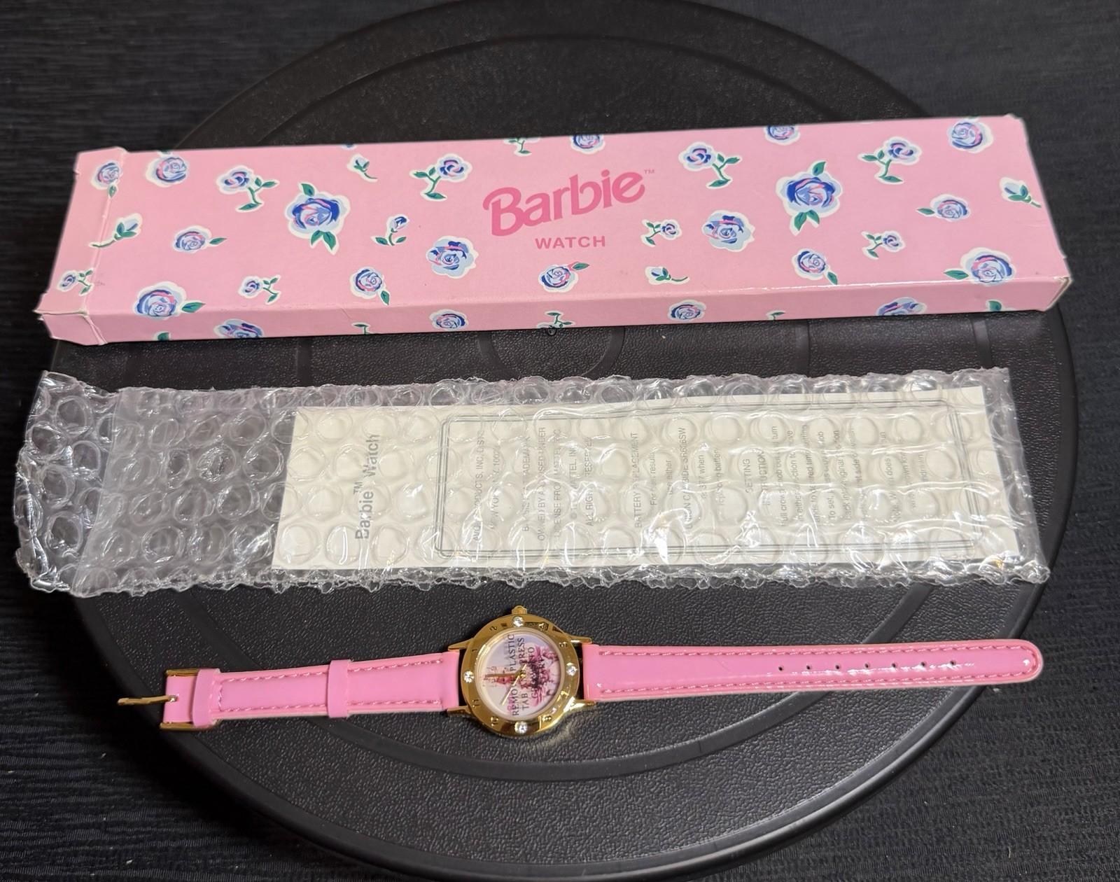 VTG Mattel Barbie Wristwatch Watch Gold Tone Case Bezel With Jewels Pink Band
