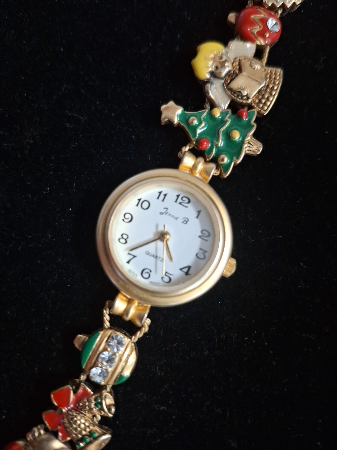 Vtg JENNIE B Christmas Decor Bracelet Watch, 8” Santa Reindeer Angel Gold Tone