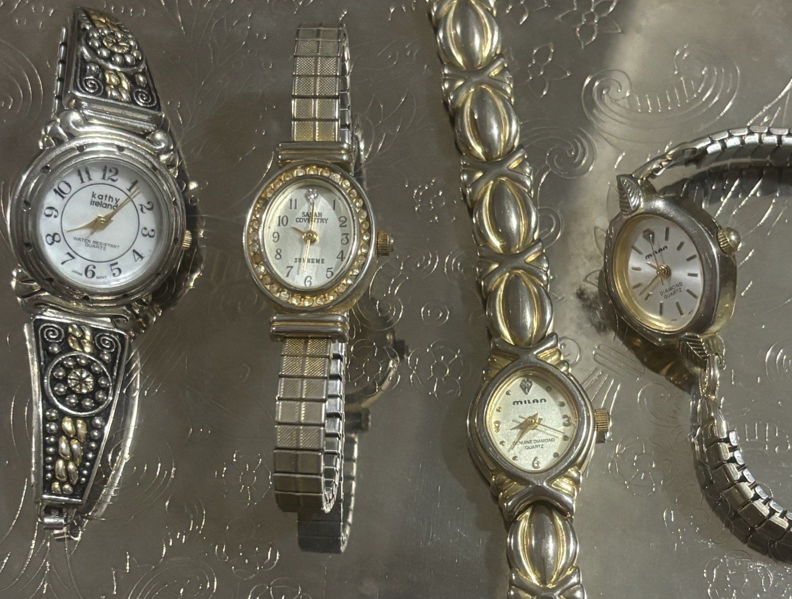 Lot of 4 Vintage Ladies Watches Kathy Ireland Sarah Coventry Milan Quartz Silver