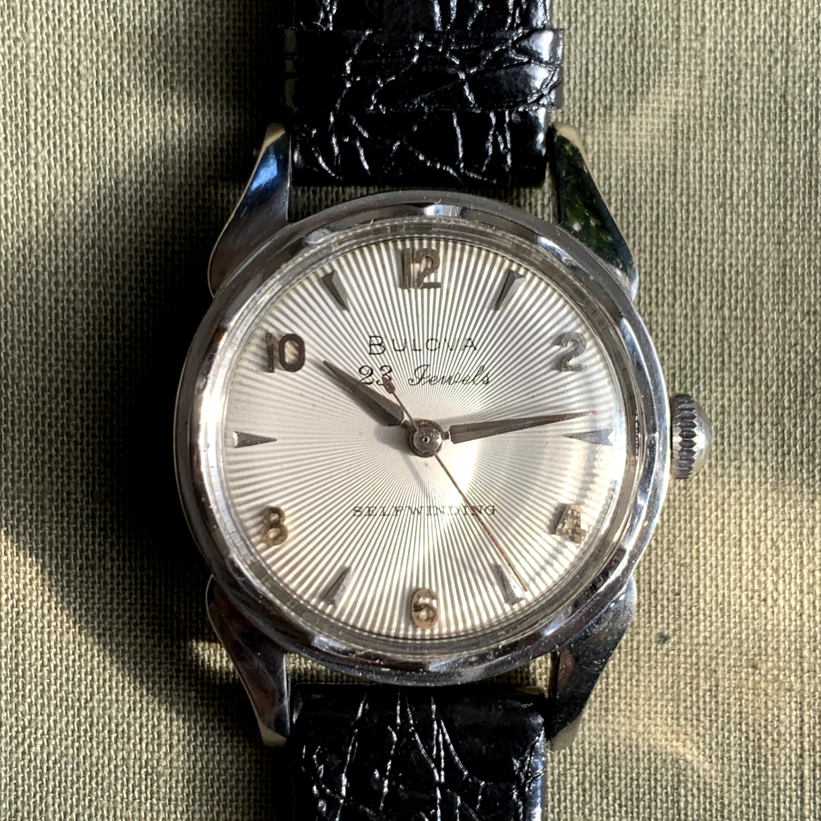1957 Bulova 23 Jewels Automatic Stainless Steel Wristwatch w/ Black Band #3