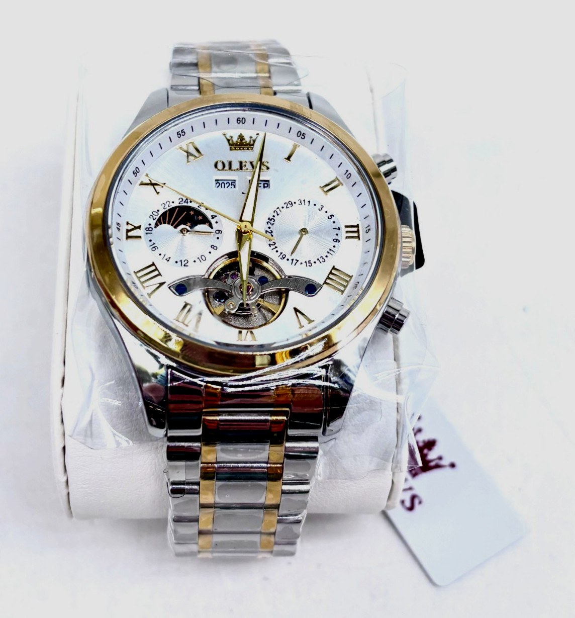 OLEVS Men s White Dial Silver Gold Casing Automatic Mechanical Watch