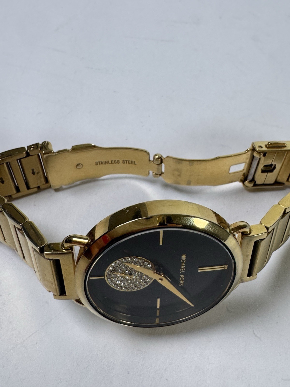 Michael Kors MK3786 Gold Tone Bracelet Watch Black Dial Crystal New Battery