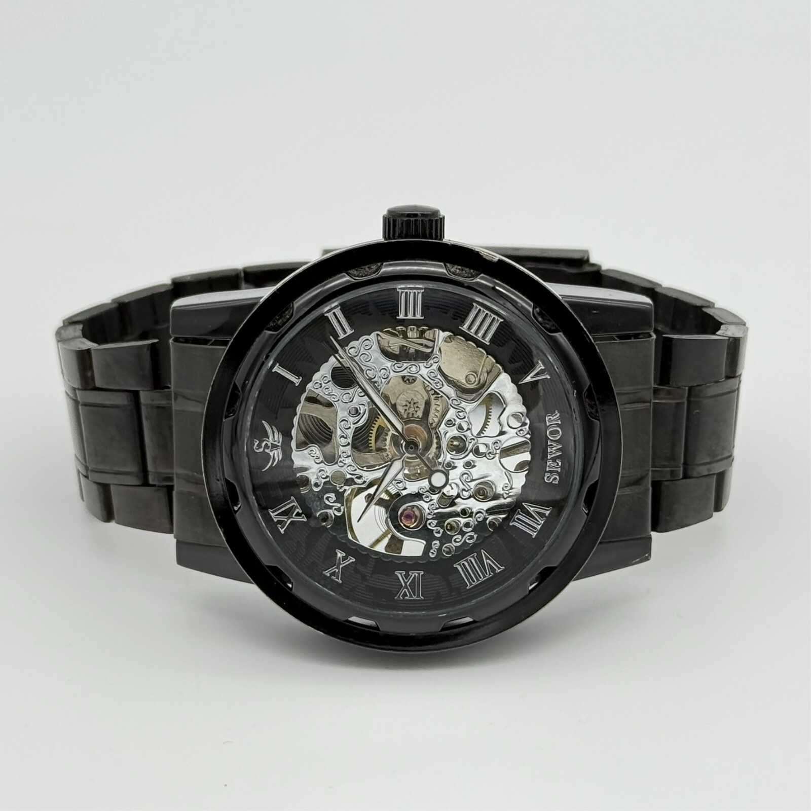 Men’s SEWOR Mechanical Silver Skeleton Dial Watch, Black Bracelet, 41mm, Runs
