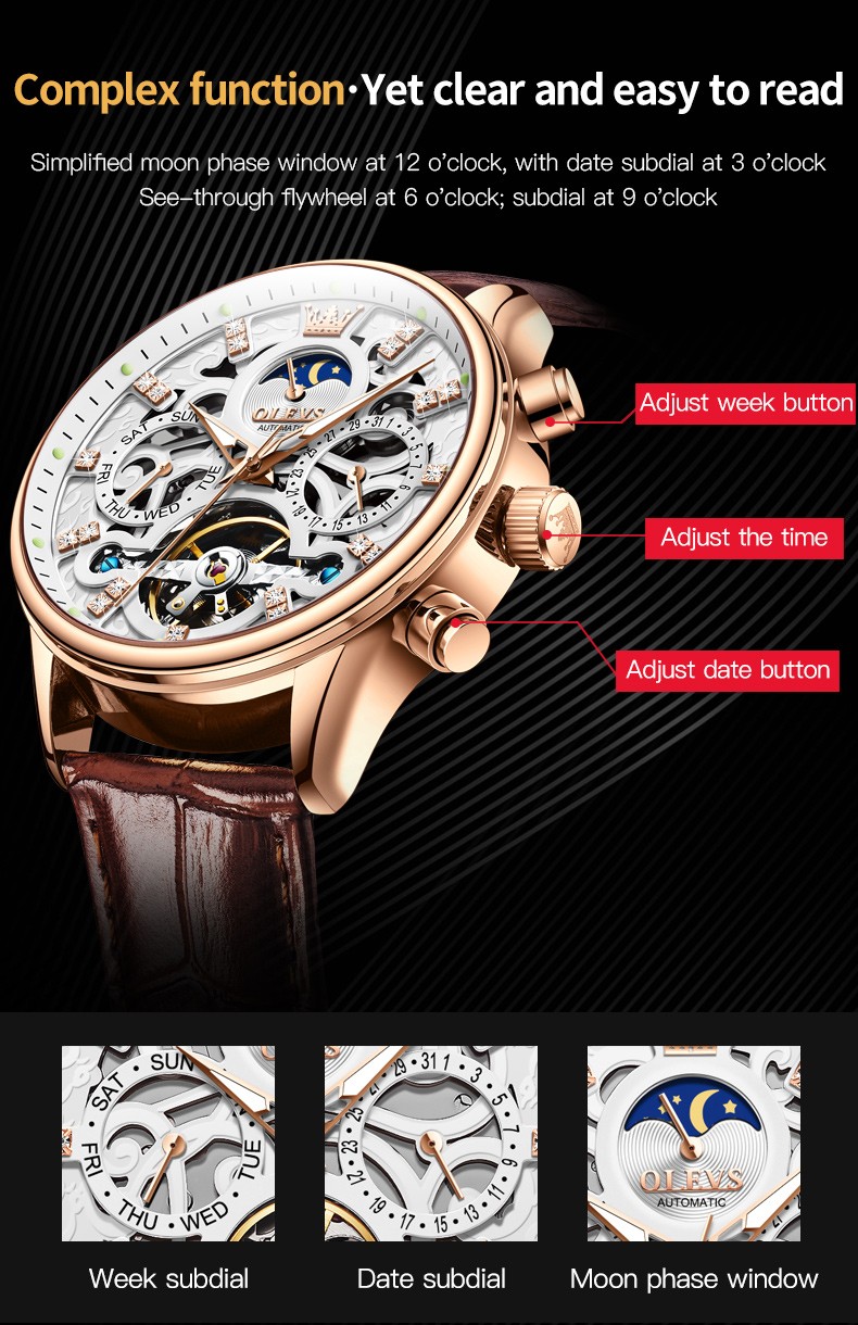 OLEVS Mechanical Watch Moon Phase White Dial Hollow Tourbillon Men Wristwatch
