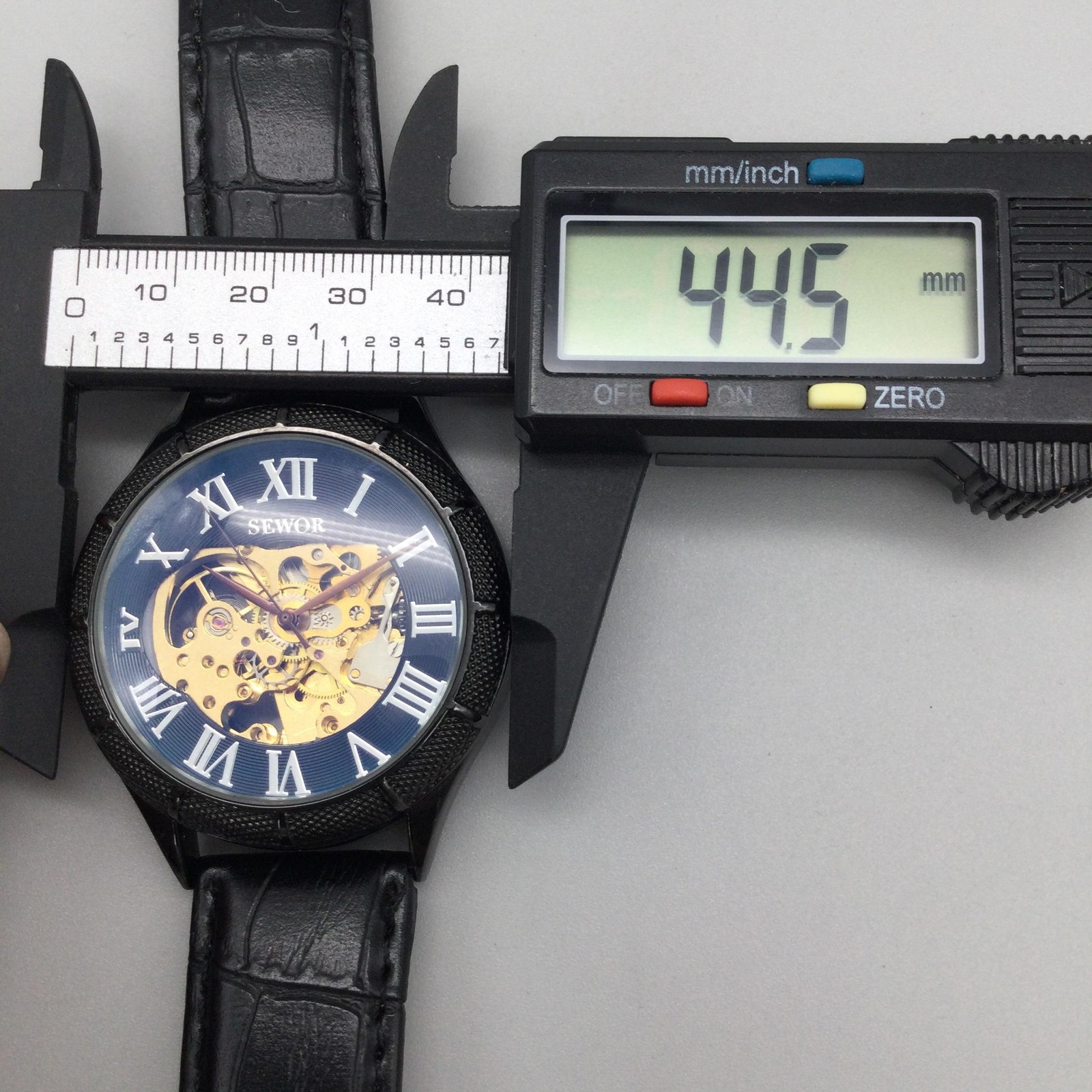 Sewor Mens Watch 45mm Gold Tone Skeleton Dial Roman Black Leather Automatic