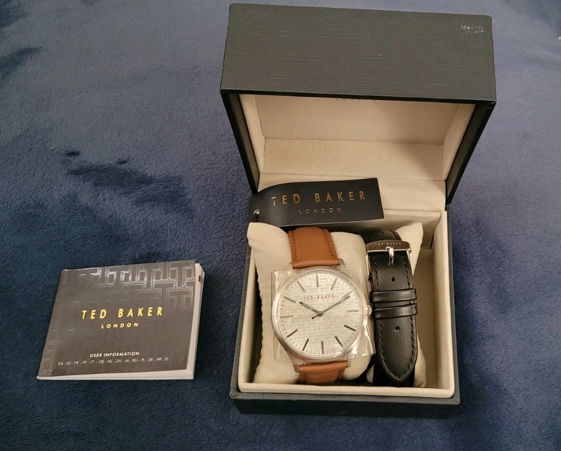 Ted Baker Watch Mens 50 M Silver Tone Pattern Dial Brown Blk Leather 2 Band Set