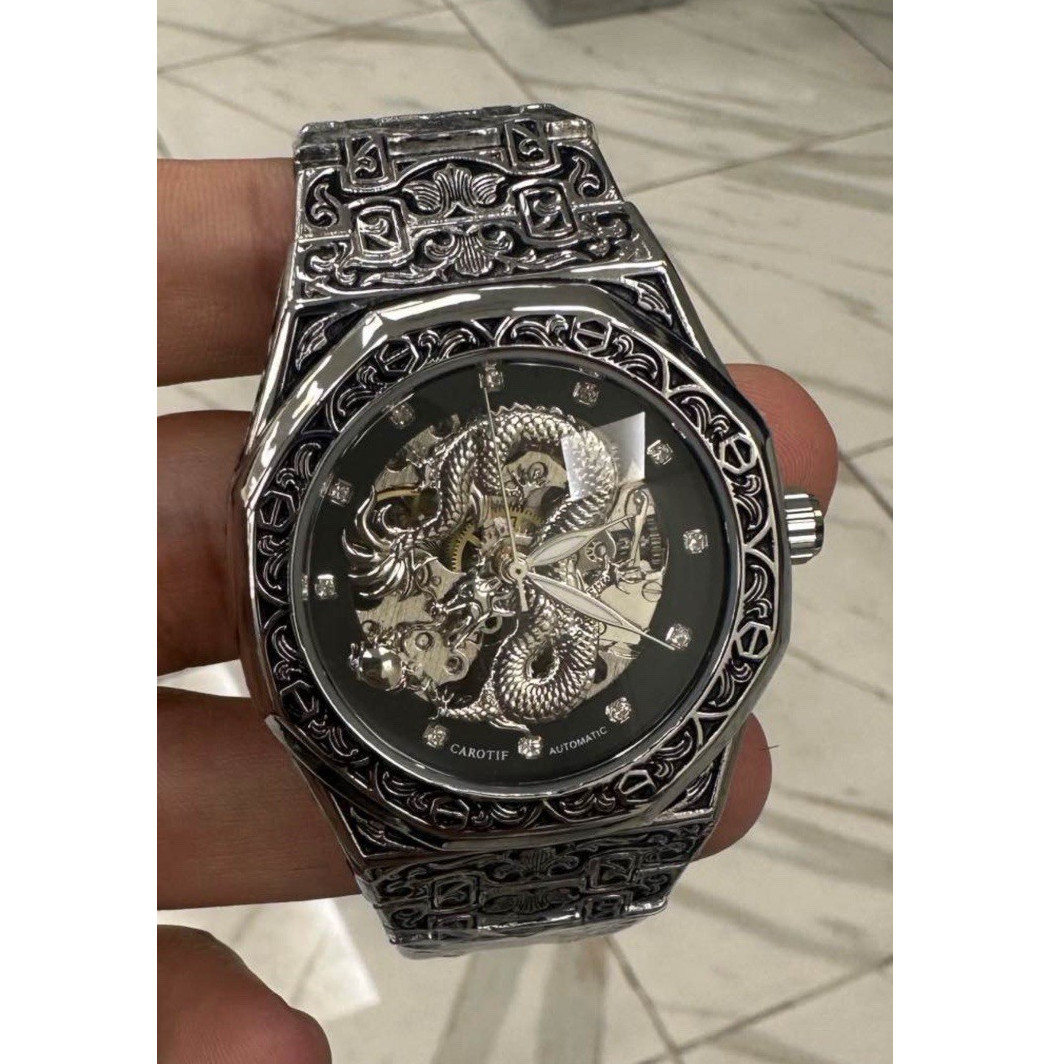 CAROTIF Automatic Self-Winding Dragon Skeleton Dial Men’s Silver Watch