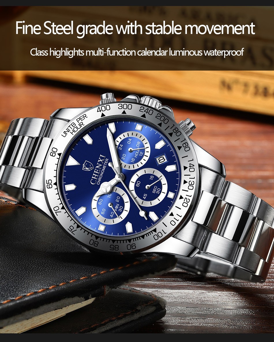 CHENXI Men’s Watch Chronograph Luminous Sport Business Steel Quartz Wristwatch