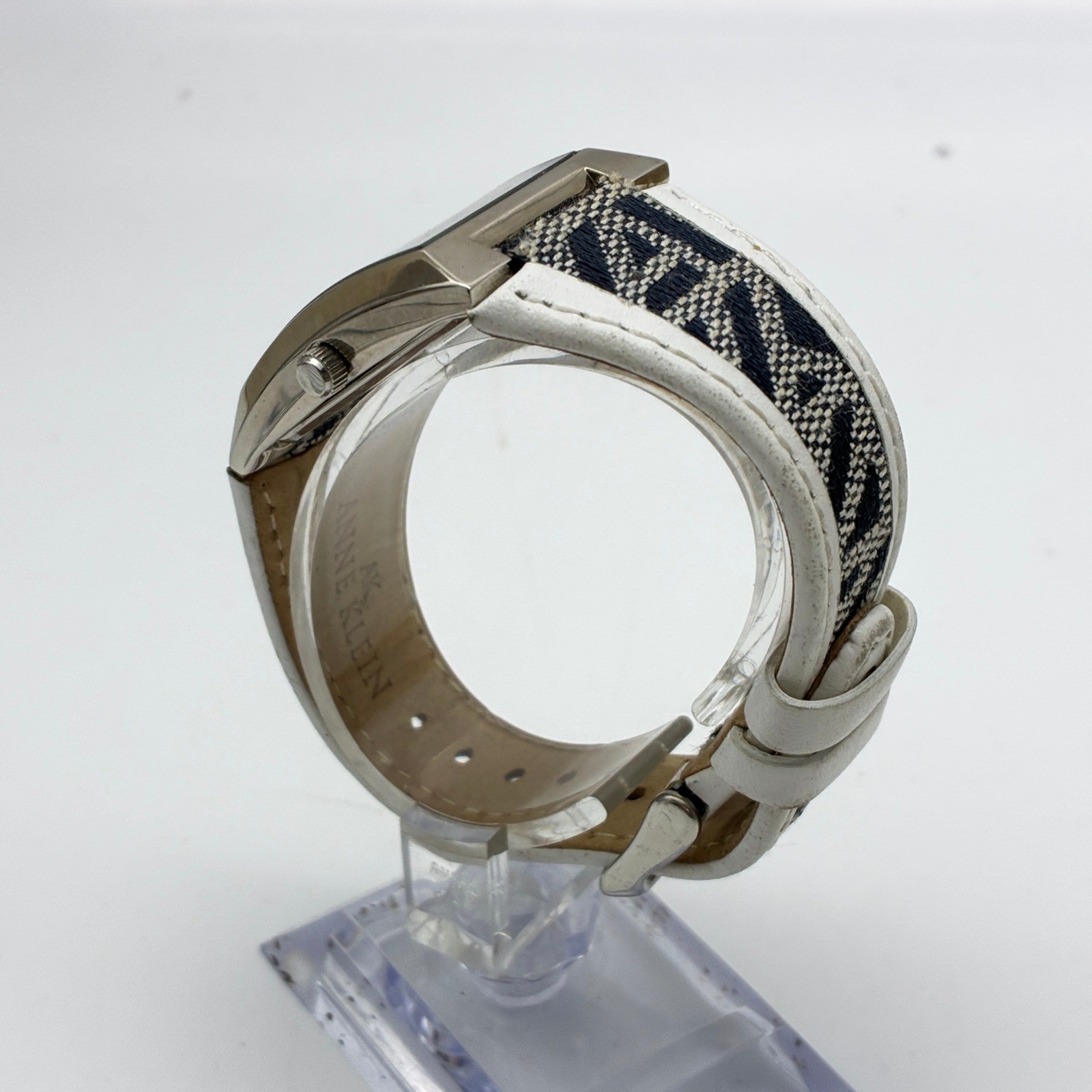 Anne Klein Women Silver Tone Rectangular Watch Monogram Fabric Leather 10/8601