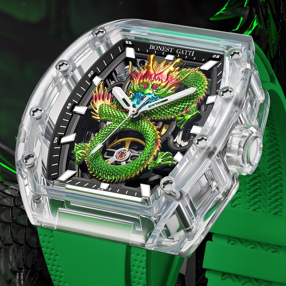 Men’s Automatic Mechanical Tonneau Watch Crystal Case Sapphire Glass Dragon Dial