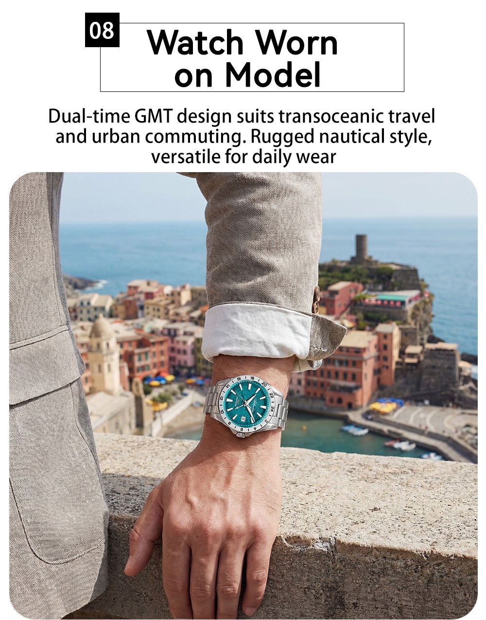 ADDIESDIVE AD2548 GMT Dive Watch Swiss Ronda 515-24H Quartz 200M Blue Wave 38mm