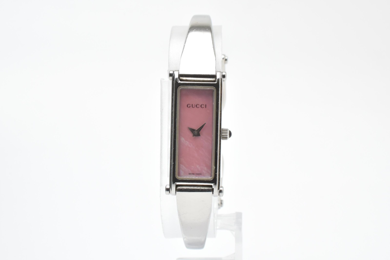 GUCCI 1500L Quartz Women’s Rectangular Bangle Wristwatch Pink Dial Steel 12mm