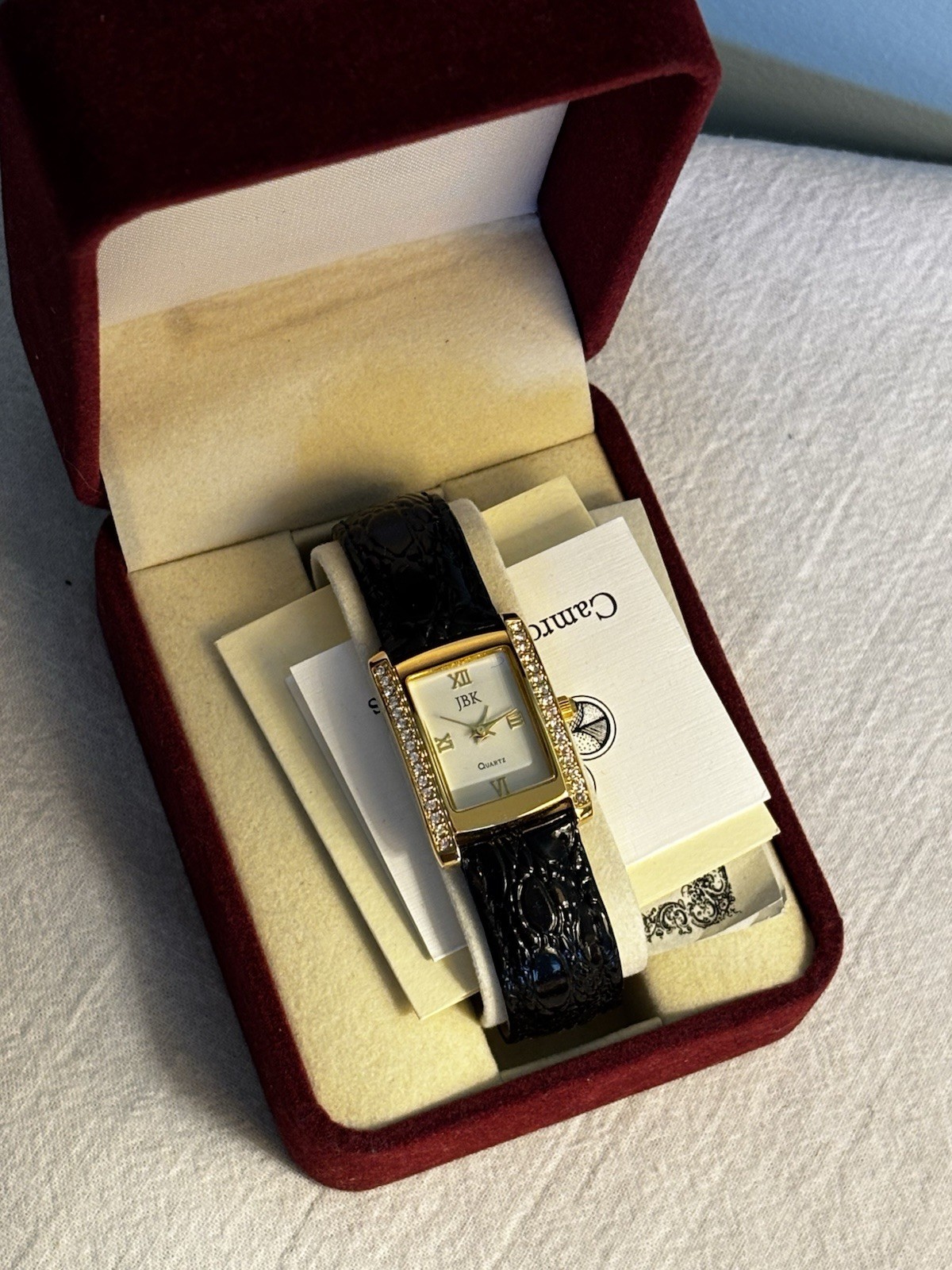 Camrose & Kross JBK Quartz Rectangle Gold-Plated Watch Black Leather Box/Papers