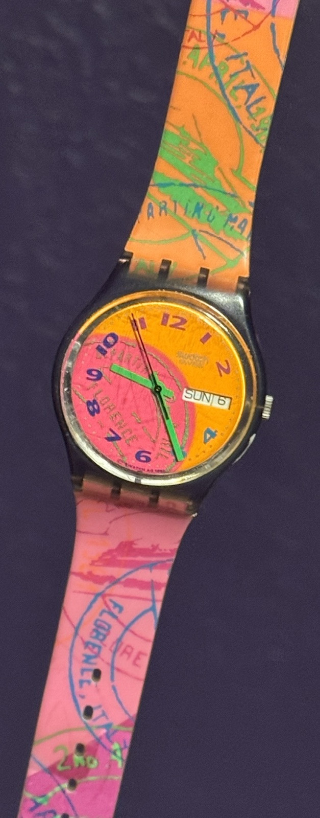 Vintage 90s Swatch Watch FLUO SEAL Date GV106 Original Band 1993 Swiss Made Rare