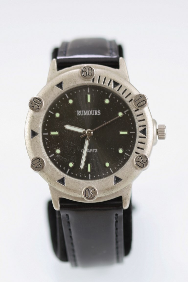 Rumours Men Watch Stainless Silver Steel Leather Black WR Battery Gray Quartz