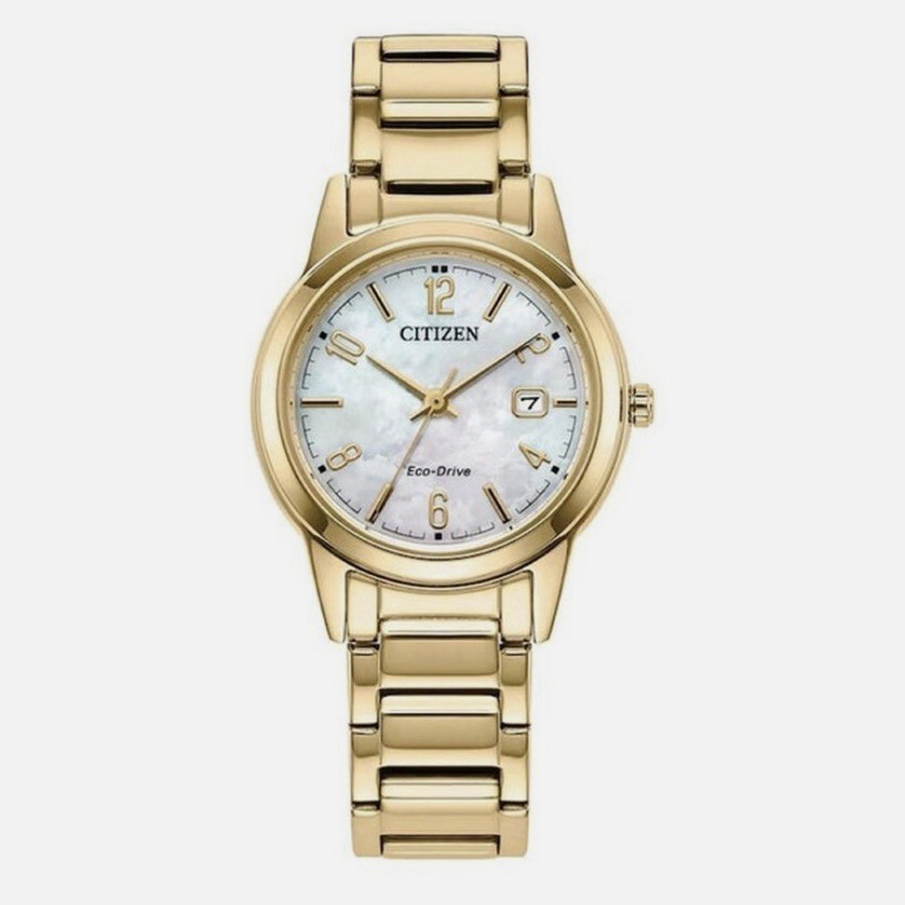 Citizen Eco Drive MOP Gold Stainless 29mm Ladies Modern Dress Watch FE1242-78D