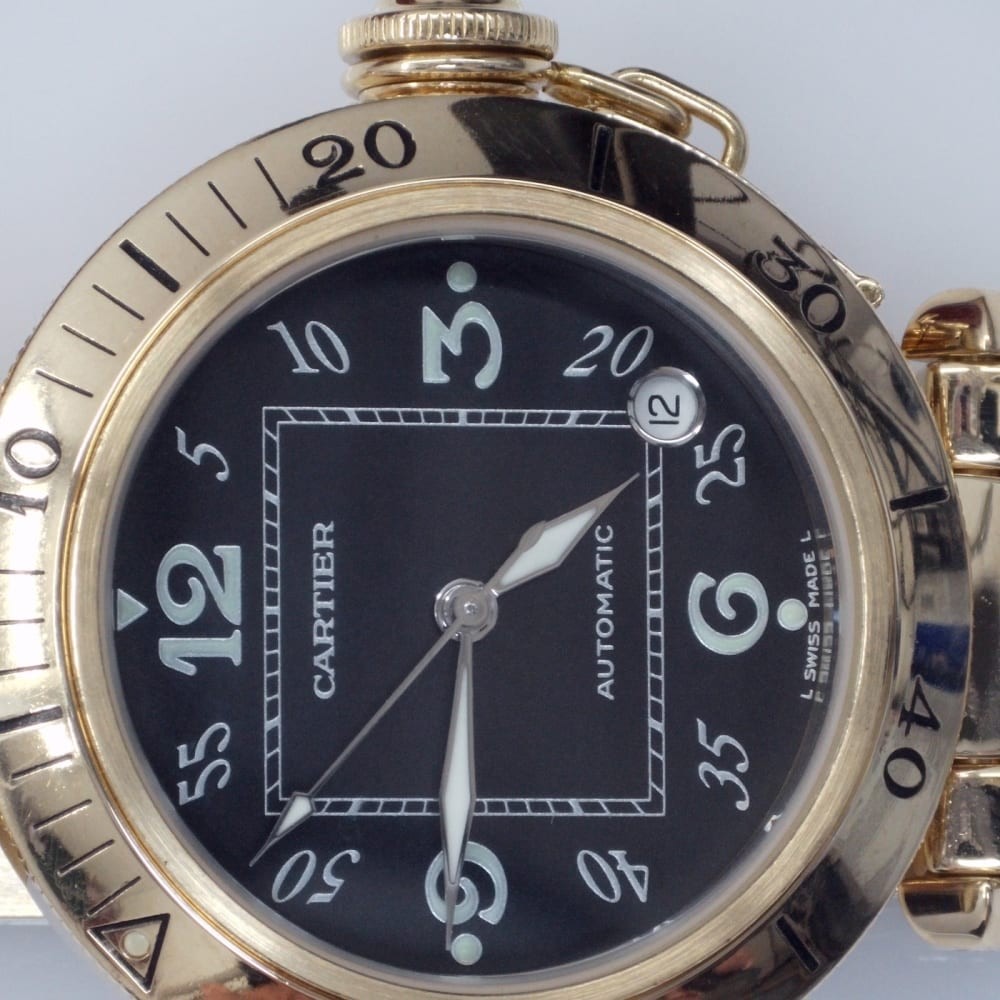 Full Set Cartier Pasha 35 mm 18K Yellow Gold Black Dial Automatic Watch 10351