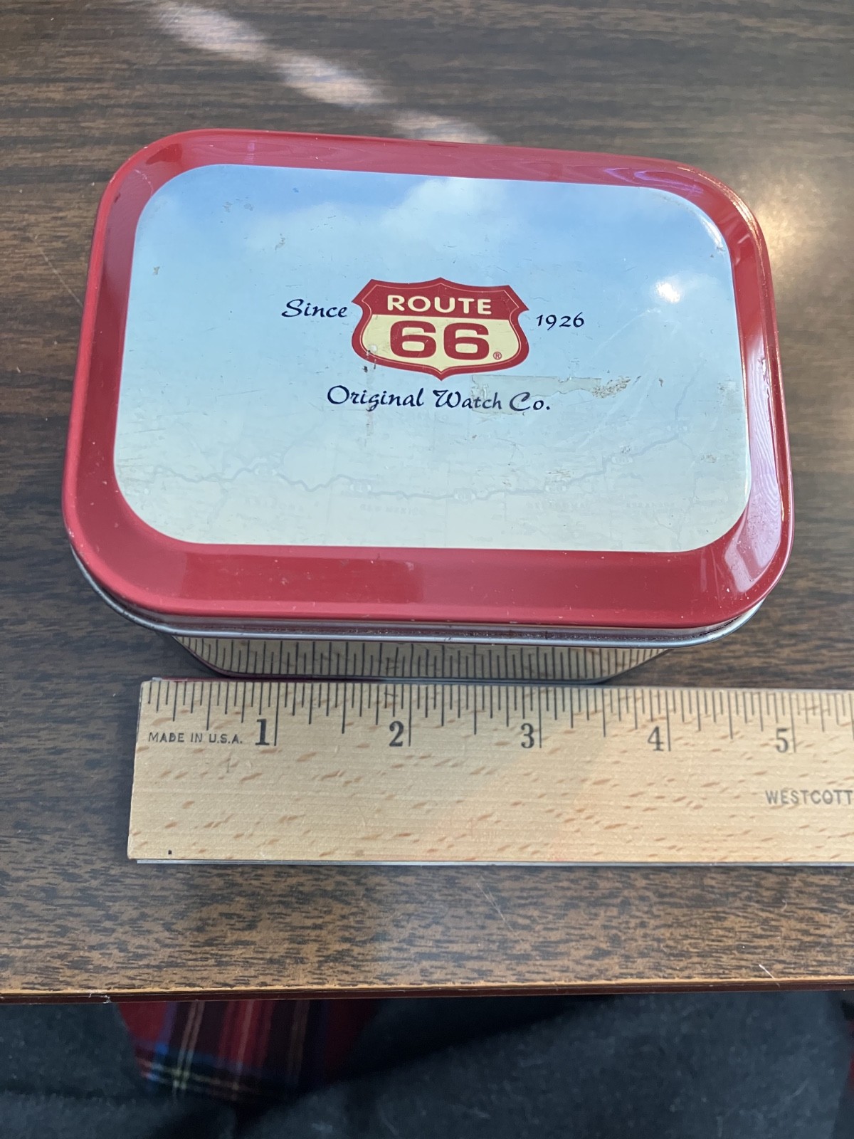 Souvenir Route 66 Watch in Metal Box. Watch is 1 1/4 by 1 1/4 and quite thin.