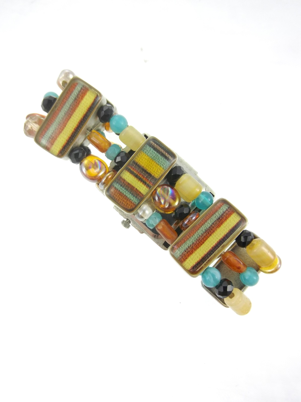 7″ Chico’s Retro 1970s Beaded Stretch Bracelet Watch Striped