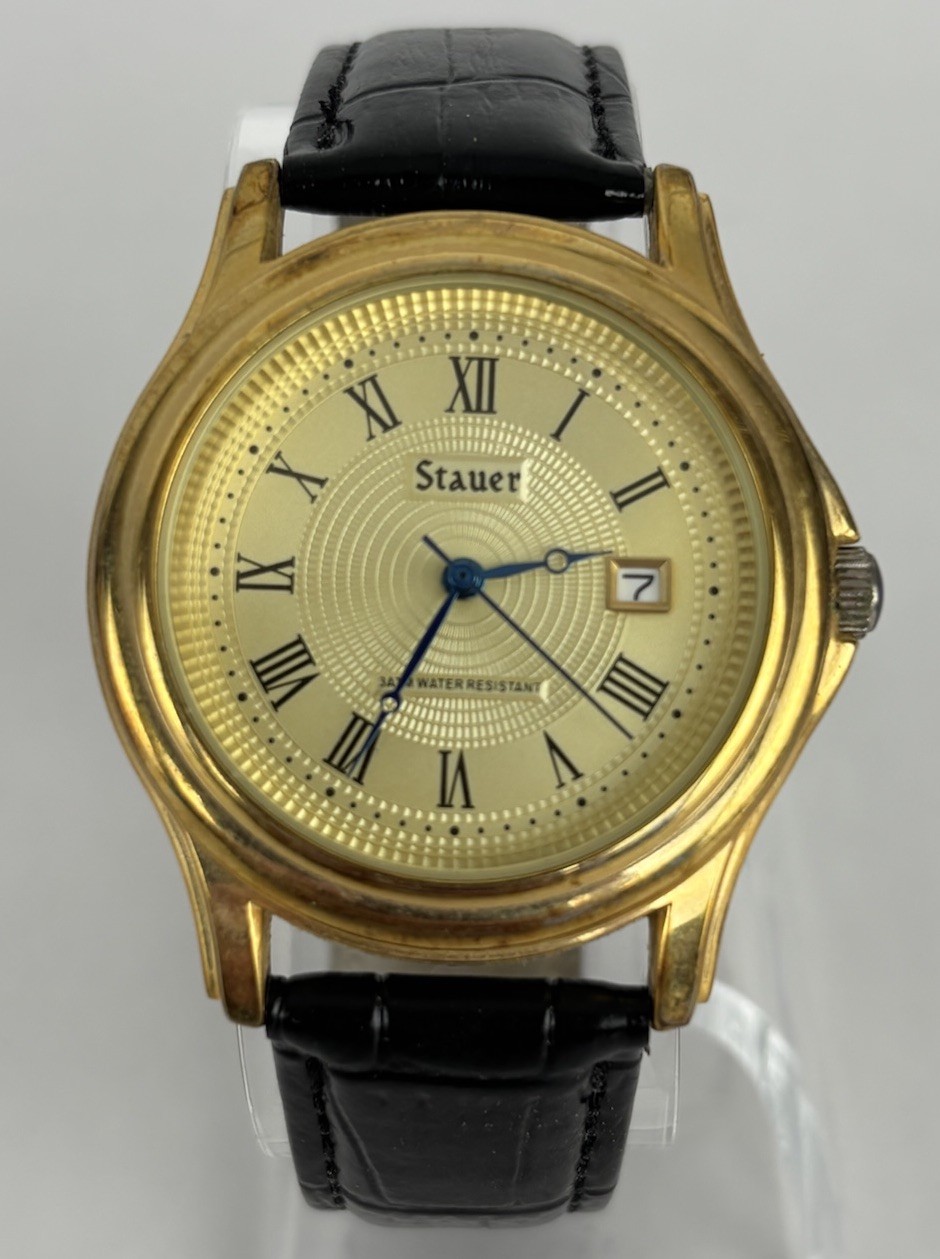 Stauer 38mm Gold Tone Quartz Date Watch w/Black Leather Band & New Battery