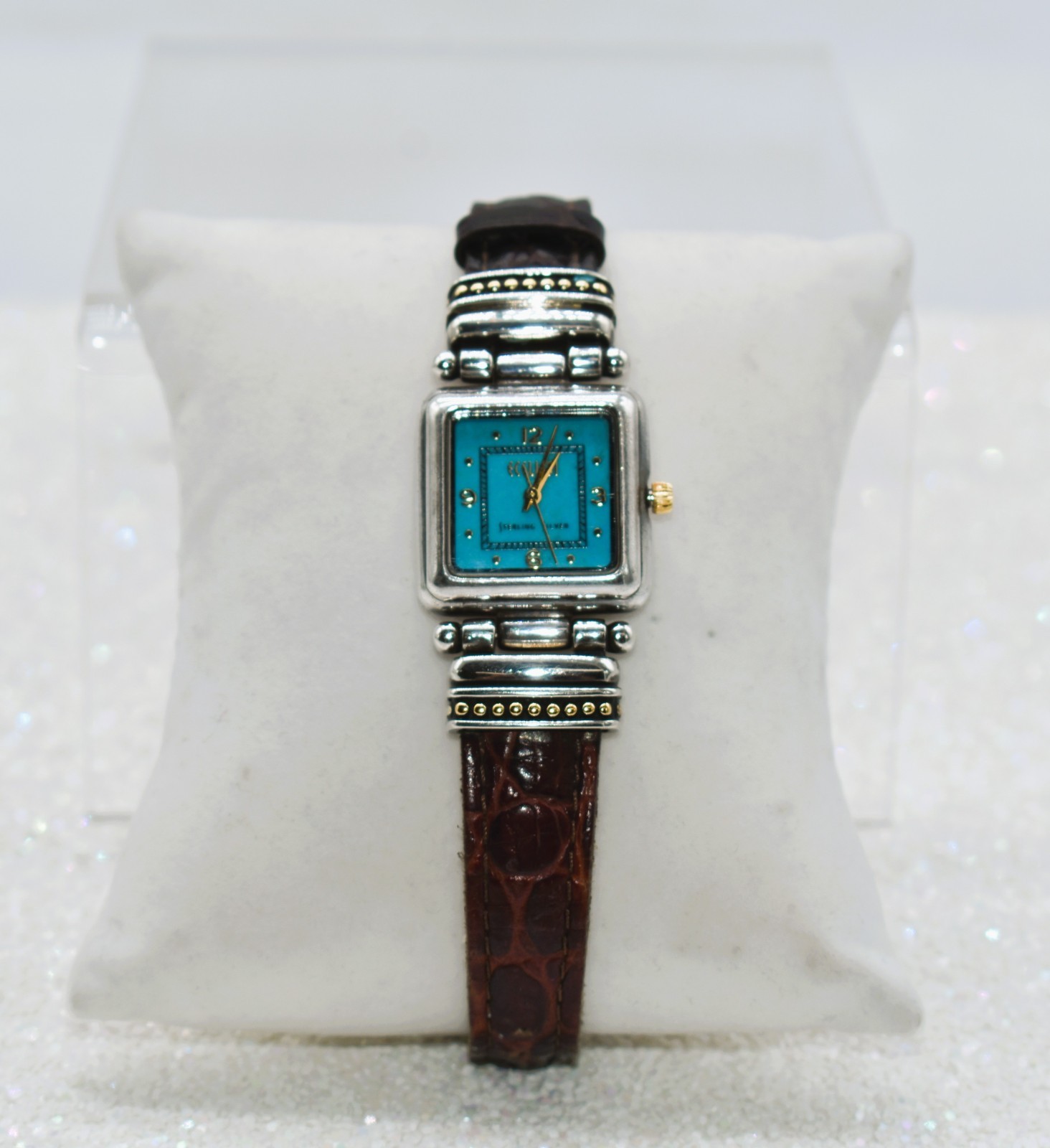 ECCLISSI Sterling Silver Turquoise Face Brown Leather Strap Wristwatch